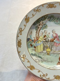 A Chinese famille rose 'Rebecca at the well' plate, Qianlong, ca. 1750