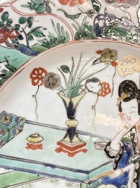 A Chinese famille verte 'lady and her cat' dish, Ding mark, Kangxi