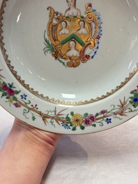 A pair of Chinese famille rose armorial soup plates with the arms of William Ellis for the English market, Qianlong, ca. 1755