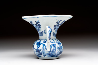 Five Chinese blue and white plates, a dish and a spittoon, Kangxi/Qianlong