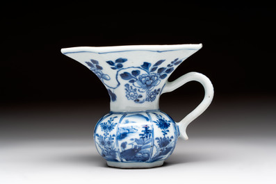 Five Chinese blue and white plates, a dish and a spittoon, Kangxi/Qianlong