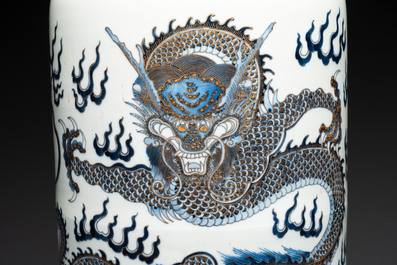 A large Chinese gilt-decorated blue and white 'dragon' rouleau vase, 19th C.