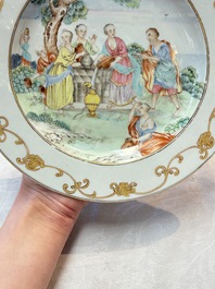 A Chinese famille rose 'Rebecca at the well' plate, Qianlong, ca. 1750