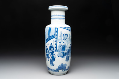 A Chinese blue and white rouleau vase with narrative design, Kangxi