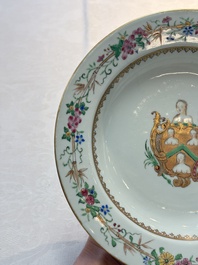 A pair of Chinese famille rose armorial soup plates with the arms of William Ellis for the English market, Qianlong, ca. 1755