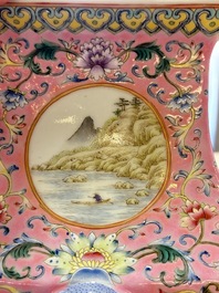 A Chinese famille rose pink-ground vase with figural design, Qianlong mark, 19/20th C.