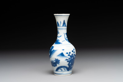 A small Chinese blue and white bottle vase with narrative design, Transitional period