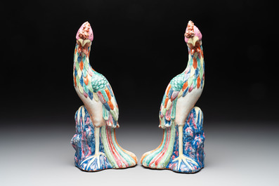 A rare pair of Chinese famille rose models of phoenixes, Qianlong