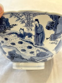 A rare Chinese blue and white 'Seven Sages of the Bamboo Grove' conical bowl, Kangxi mark and of the period