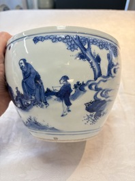 A Chinese blue and white 'Wen Wang Fang Xian 文王訪賢' scroll pot, Transitional period