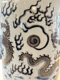 A large Chinese gilt-decorated blue and white 'dragon' rouleau vase, 19th C.