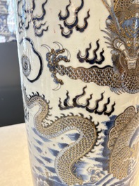 A large Chinese gilt-decorated blue and white 'dragon' rouleau vase, 19th C.
