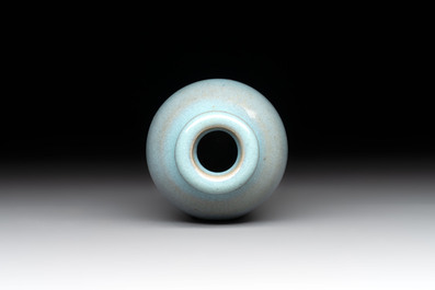 A Chinese blue-glazed 'jun' miniature vase with a wooden box, Song/Yuan