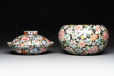 A Chinese famille rose 'millefleurs' water container, a covered bowl, a spoon and a famille noire vase mounted as lamp, Qianlong mark, 19/20th C.
