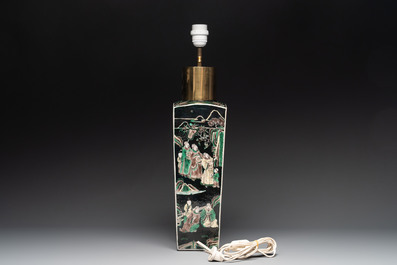 A Chinese famille rose 'millefleurs' water container, a covered bowl, a spoon and a famille noire vase mounted as lamp, Qianlong mark, 19/20th C.