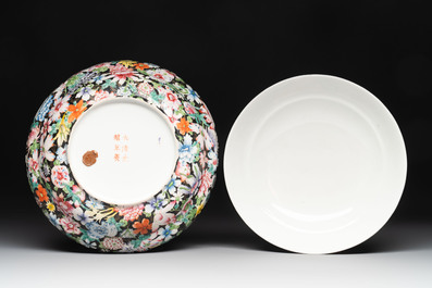 A Chinese famille rose 'millefleurs' water container, a covered bowl, a spoon and a famille noire vase mounted as lamp, Qianlong mark, 19/20th C.
