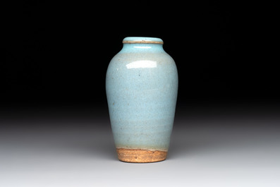 A Chinese blue-glazed 'jun' miniature vase with a wooden box, Song/Yuan