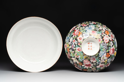 A Chinese famille rose 'millefleurs' water container, a covered bowl, a spoon and a famille noire vase mounted as lamp, Qianlong mark, 19/20th C.