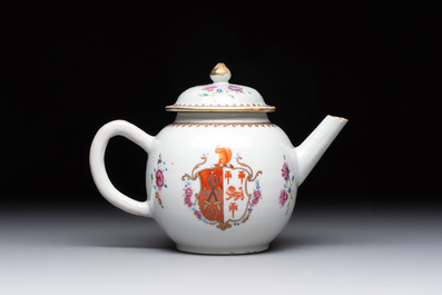 A Chinese famille rose armorial teapot with the arms of Barrow impaling Dighton for the English market, Qianlong, ca. 1755