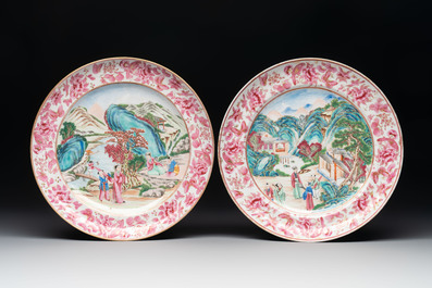 Five unusual and fine Chinese Canton famille rose dishes with puce-enamelled rims, 19th C.