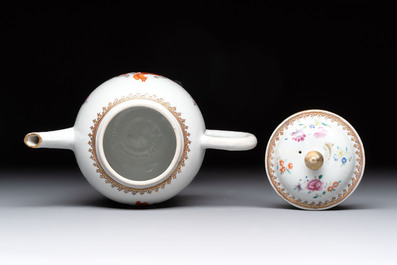 A Chinese famille rose armorial teapot with the arms of Barrow impaling Dighton for the English market, Qianlong, ca. 1755