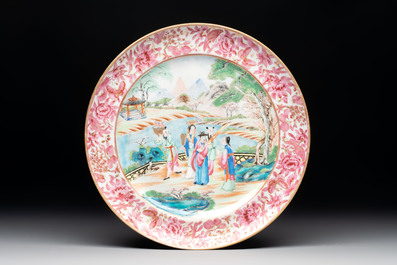 Five unusual and fine Chinese Canton famille rose dishes with puce-enamelled rims, 19th C.
