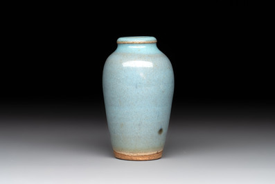 A Chinese blue-glazed 'jun' miniature vase with a wooden box, Song/Yuan