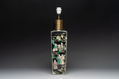 A Chinese famille rose 'millefleurs' water container, a covered bowl, a spoon and a famille noire vase mounted as lamp, Qianlong mark, 19/20th C.