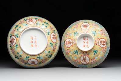 A Chinese qianjiang cai tray, two famille rose brush pots and a yellow-ground covered bowl, Tongzhi and Guangxu mark, 19/20th C.