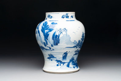 A Chinese blue and white vase with four sages in a mountainous landscape, Kangxi