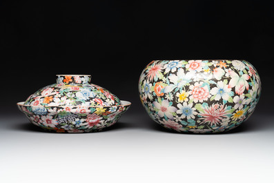A Chinese famille rose 'millefleurs' water container, a covered bowl, a spoon and a famille noire vase mounted as lamp, Qianlong mark, 19/20th C.