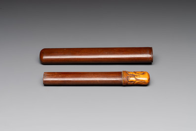 A varied collection of eight Japanese netsukes and a wooden case, signed Daimyo 大明, Hinode 日出 and Chikusen 竹仙, 19th C.