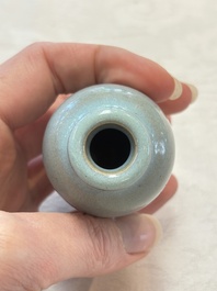A Chinese blue-glazed 'jun' miniature vase with a wooden box, Song/Yuan