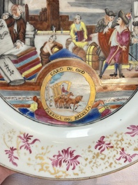 A rare Chinese Dutch-decorated famille rose 'Brussels Clothtraders' plate, Qianlong, ca. 1740-1750