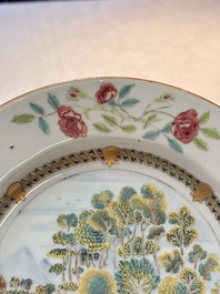 A Chinese famille rose plate depicting a scene from a fable by La Fontaine and a 'Shepherds' plate, Qianlong