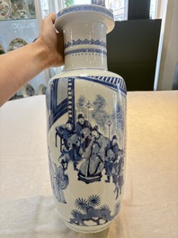 A Chinese blue and white rouleau vase with narrative design, Kangxi