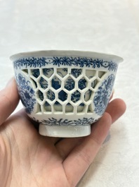 A Chinese blue and white reticulated double-walled cup, pearl mark, Kangxi