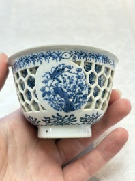 A Chinese blue and white reticulated double-walled cup, pearl mark, Kangxi
