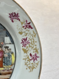 A rare Chinese Dutch-decorated famille rose 'Brussels Clothtraders' plate, Qianlong, ca. 1740-1750