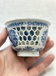 A Chinese blue and white reticulated double-walled cup, pearl mark, Kangxi
