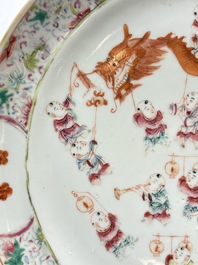 A Chinese famille rose yellow-ground 'dragon' plate and a 'lantern festival' plate, Guangxu marks and of the period