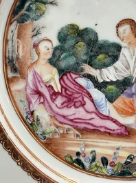 A Chinese famille rose plate depicting a scene from a fable by La Fontaine and a 'Shepherds' plate, Qianlong