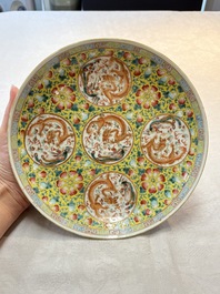 A Chinese famille rose yellow-ground 'dragon' plate and a 'lantern festival' plate, Guangxu marks and of the period