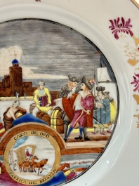 A rare Chinese Dutch-decorated famille rose 'Brussels Clothtraders' plate, Qianlong, ca. 1740-1750