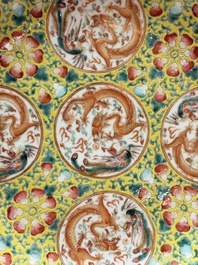 A Chinese famille rose yellow-ground 'dragon' plate and a 'lantern festival' plate, Guangxu marks and of the period