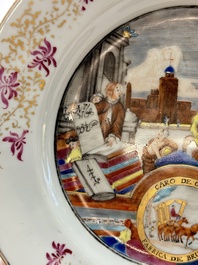 A rare Chinese Dutch-decorated famille rose 'Brussels Clothtraders' plate, Qianlong, ca. 1740-1750