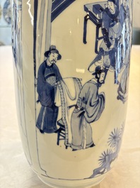 A Chinese blue and white rouleau vase with narrative design, Kangxi