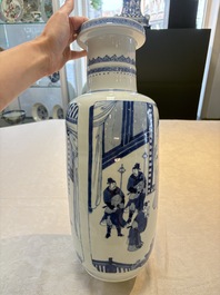 A Chinese blue and white rouleau vase with narrative design, Kangxi