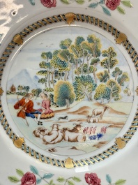 A Chinese famille rose plate depicting a scene from a fable by La Fontaine and a 'Shepherds' plate, Qianlong