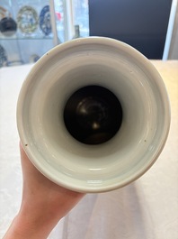 A Chinese blue and white rouleau vase with narrative design, Kangxi